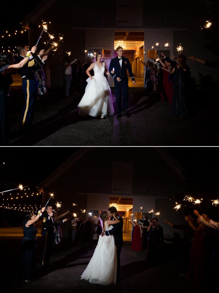 military newlyweds exit Larkspur wedding under sparklers