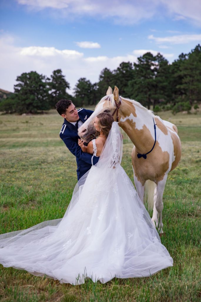 military bride and groom with horse