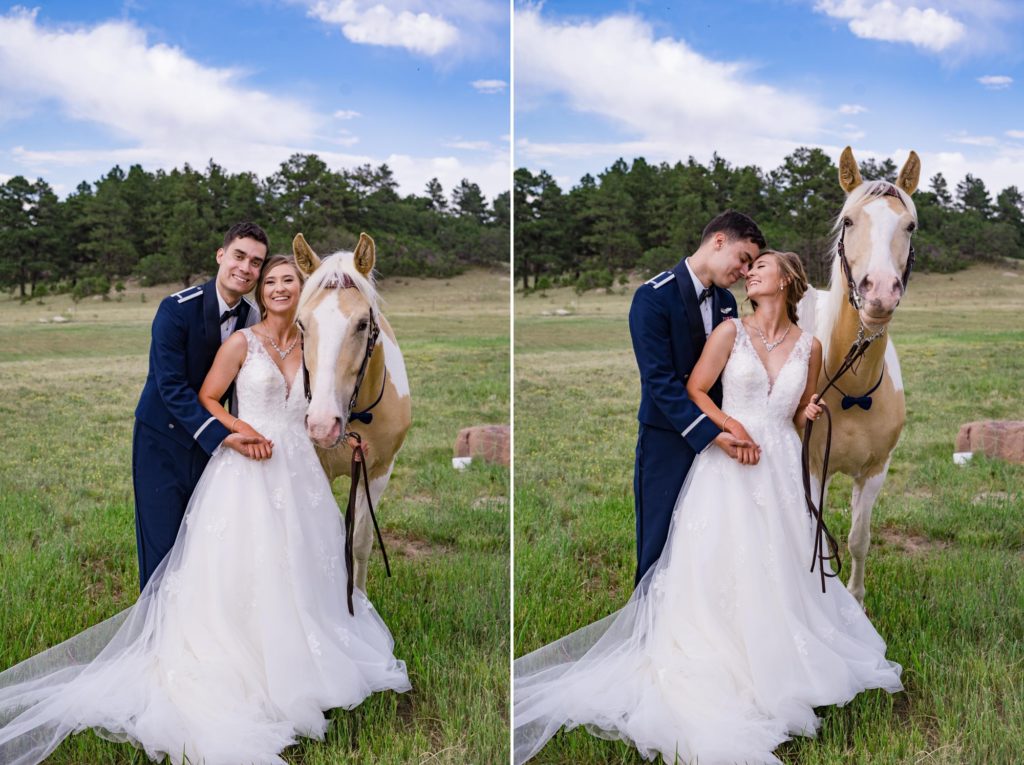 Colorado bride and groom with horse