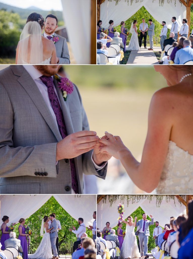 Colorado couple exchanges rings at outdoor summer wedding