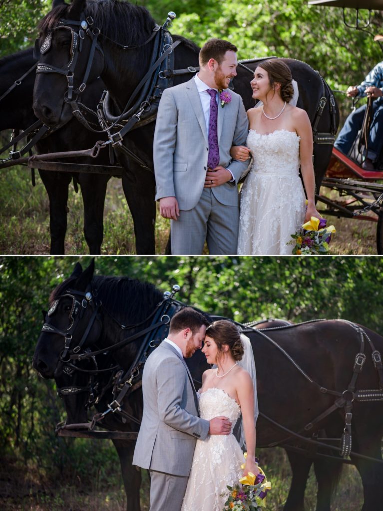 newlyweds pose with horse at brush canyon ranch wedding