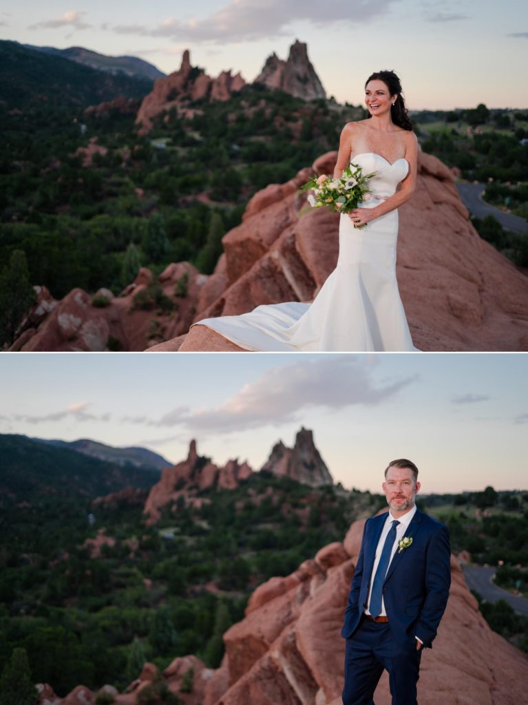 Bride and groom overlooking rocky mountains