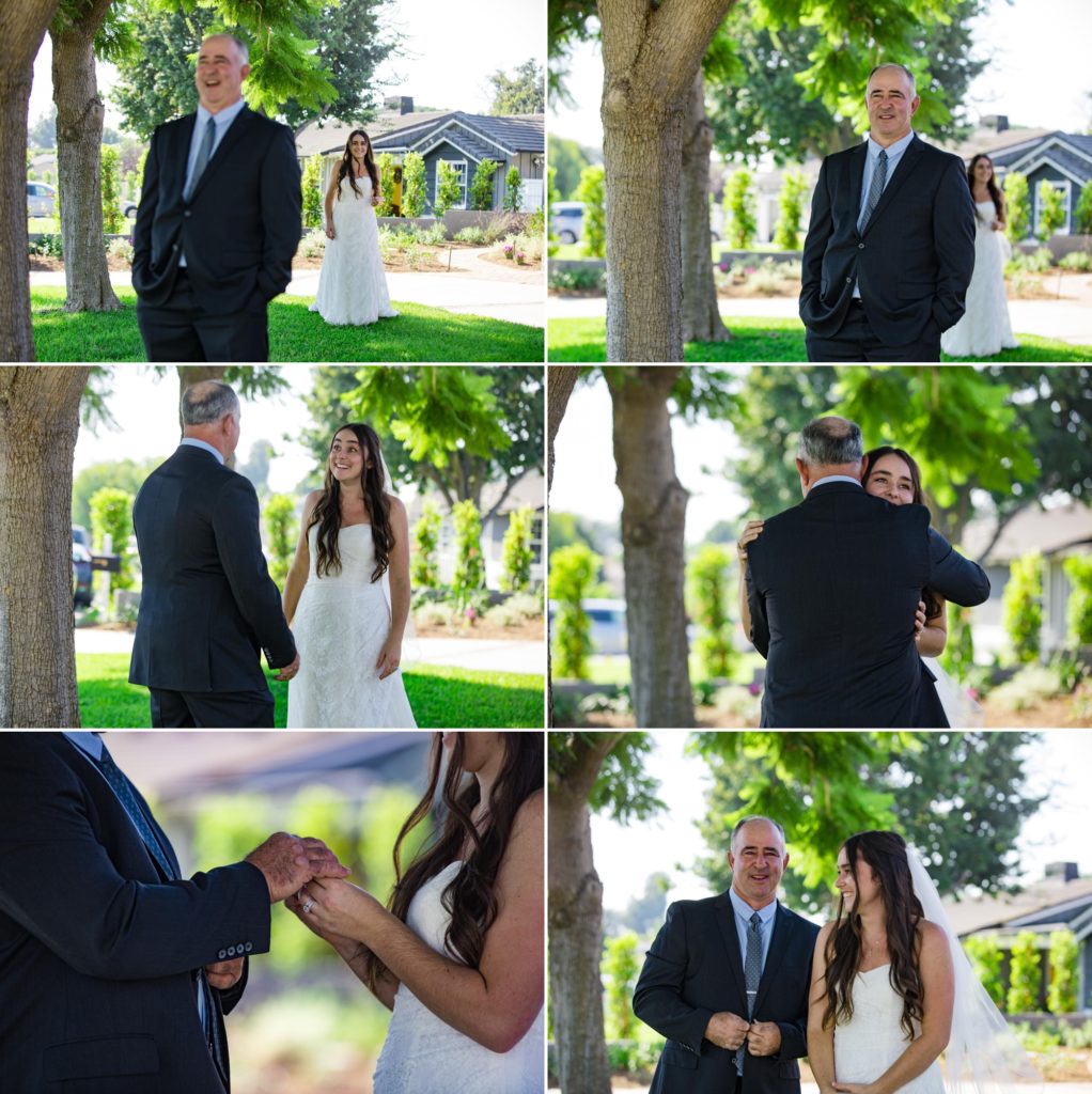 father daughter first look at backyard wedding