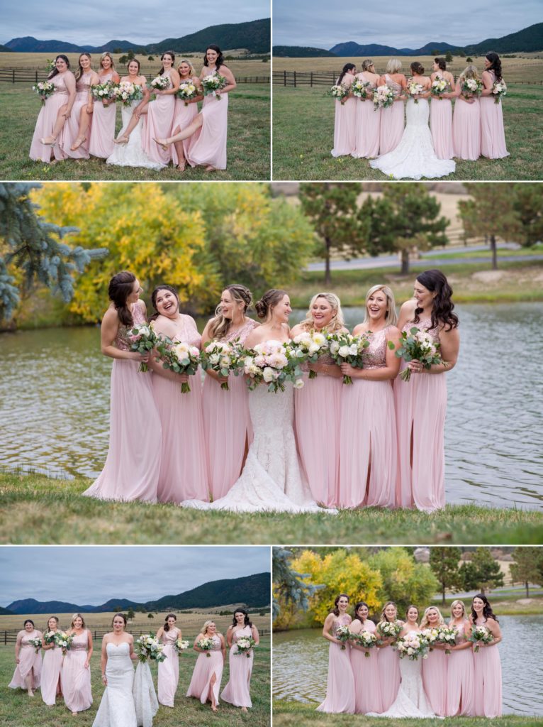 bridal party portriats at family filled wedding