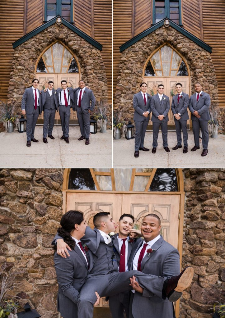 groom and groomsmen take pictures at Palmer Lake Wedding