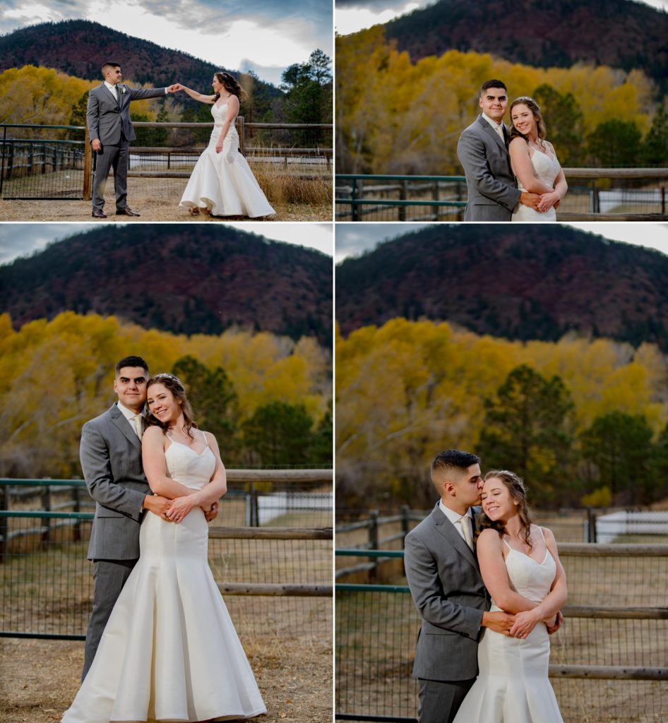 Newlyweds pose for photographer at Colorado Springs wedding