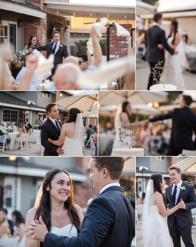 newlyweds have first dance at outdoor wedding reception