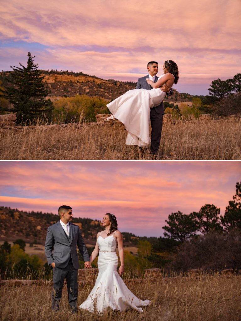 Newlyweds at sunset after Palmer Lake Wedding