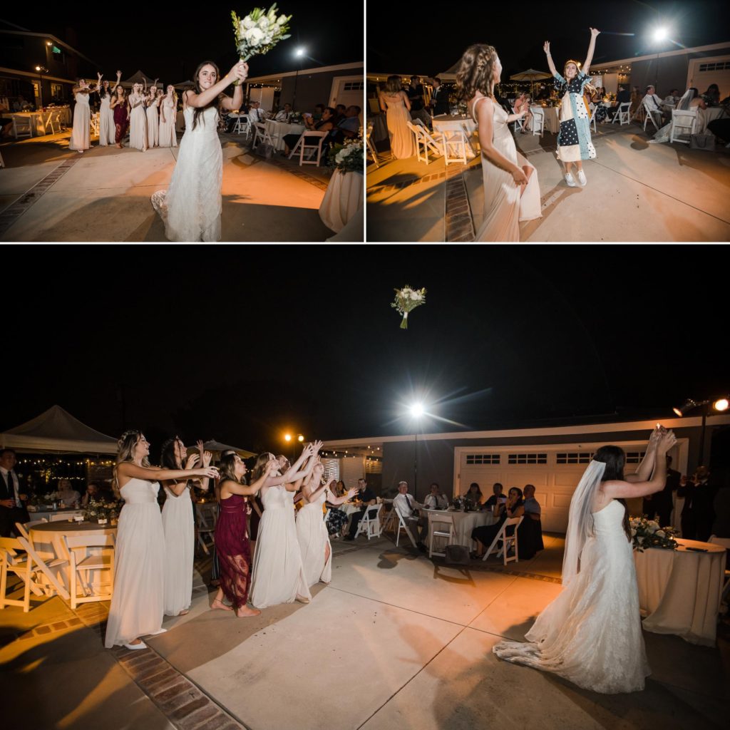 bride throws bouquet at California destination wedding