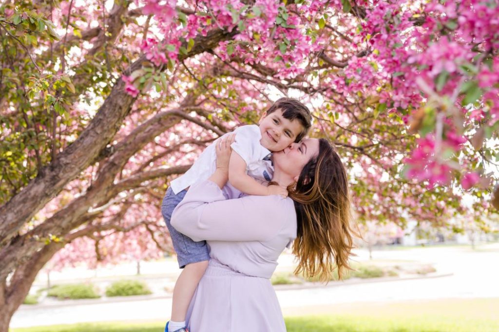 Colorado mother and son with pink flowers