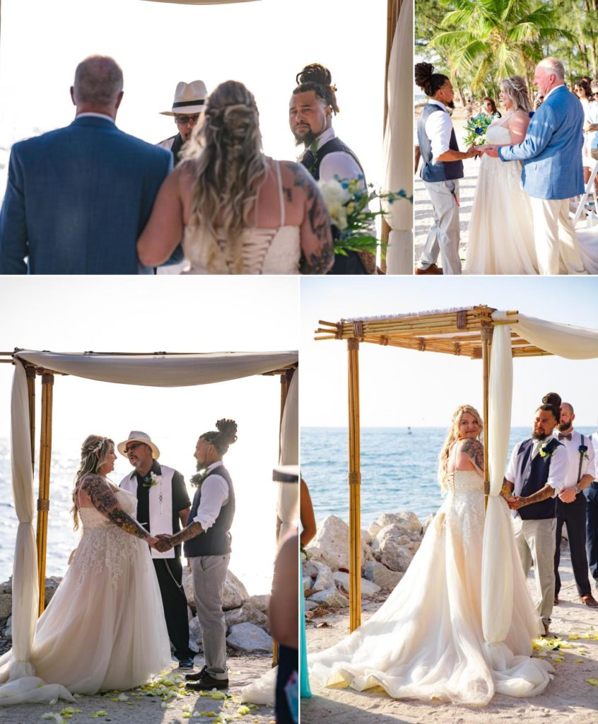 officiant leads beach wedding ceremony