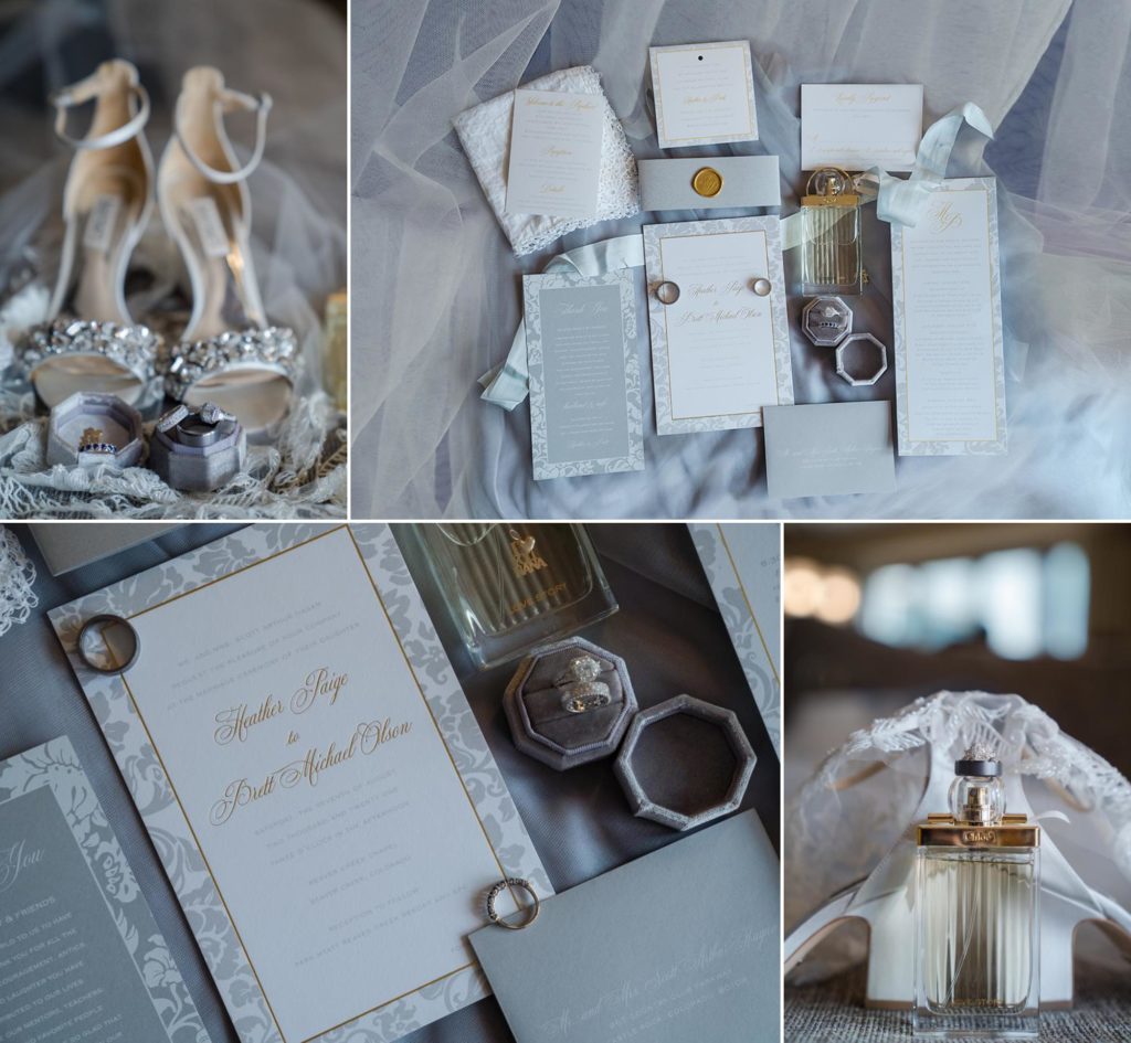 Wedding details like shoes, jewelry, invitations