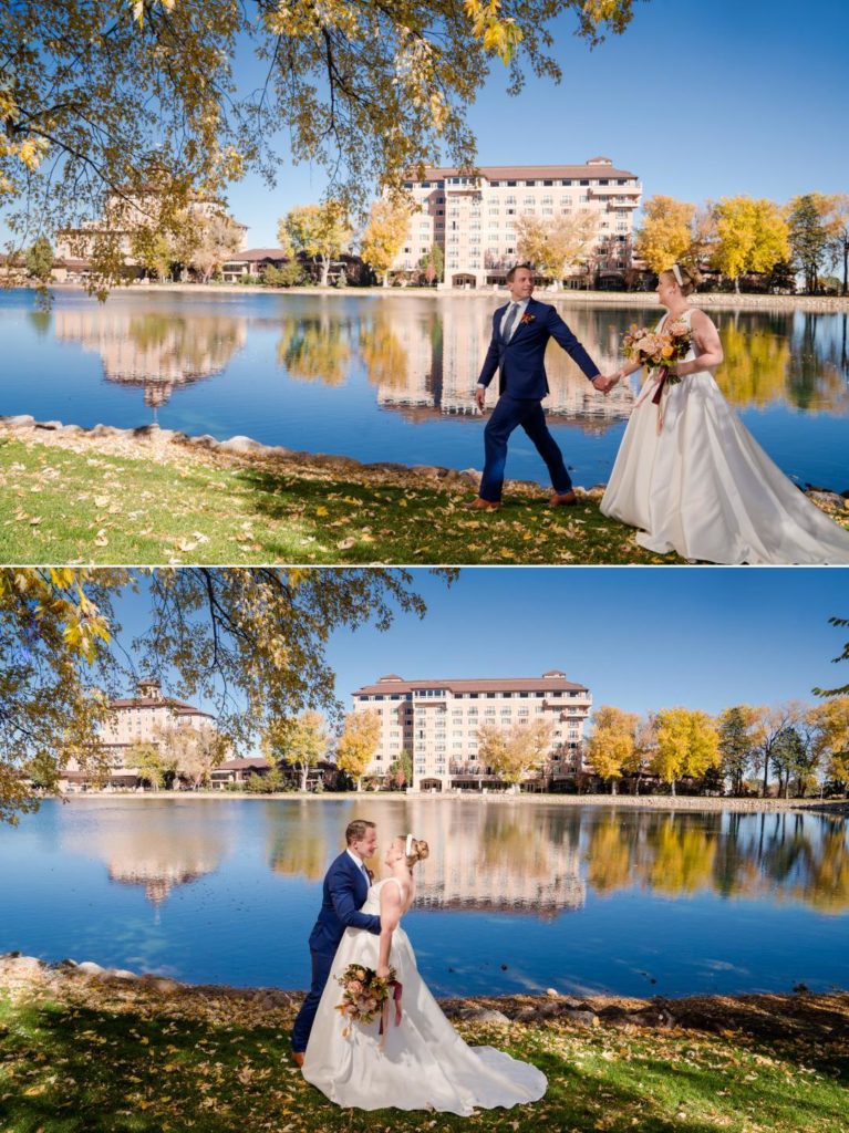 Bride and Groom at the lake at The Broadmoor hotel