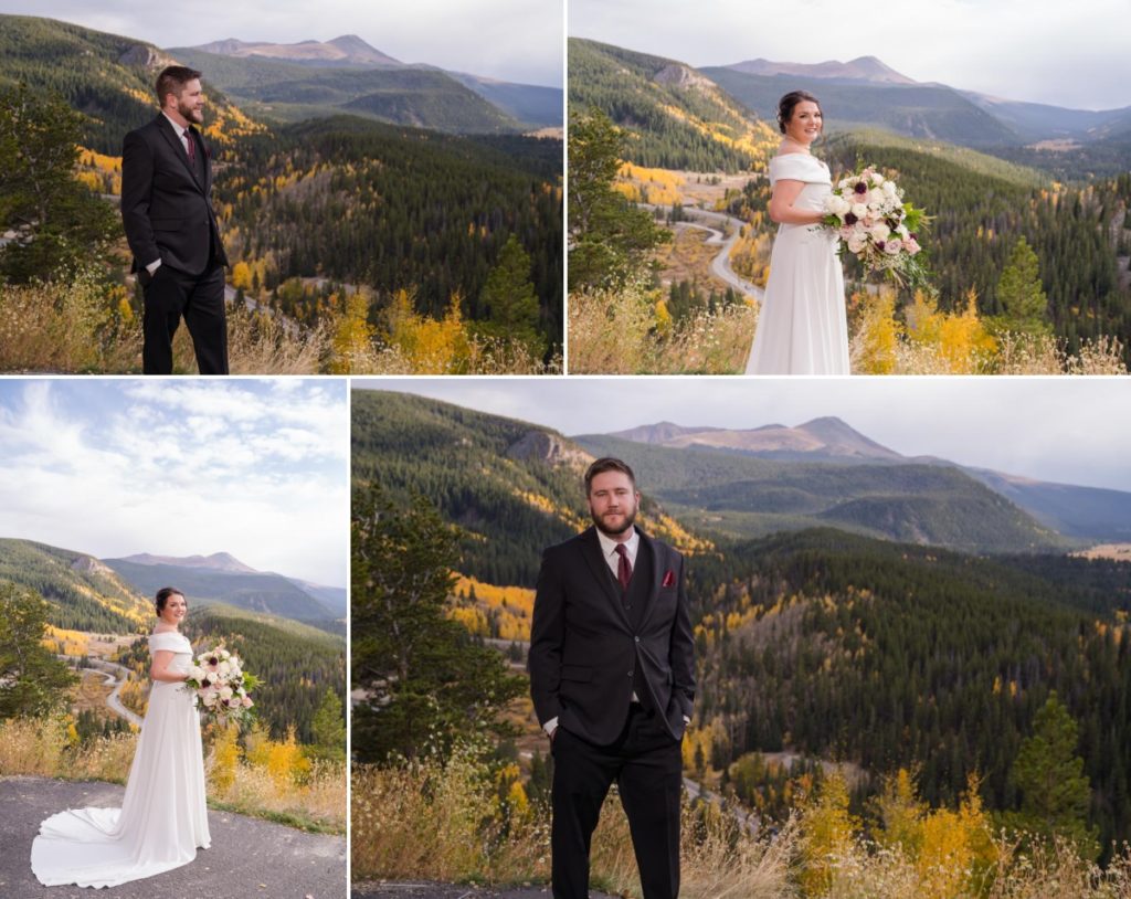 bride and groom at fall wedding at Lodge of breckenridge
