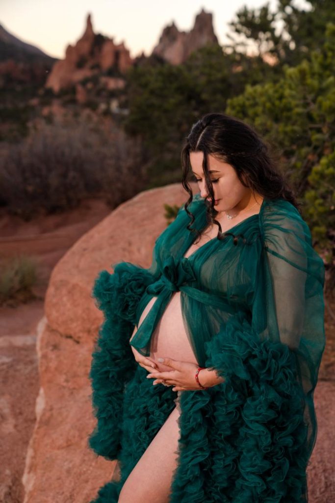 bump photos in green couture maternity dress