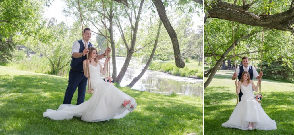 Swing bride and groom wedding photos