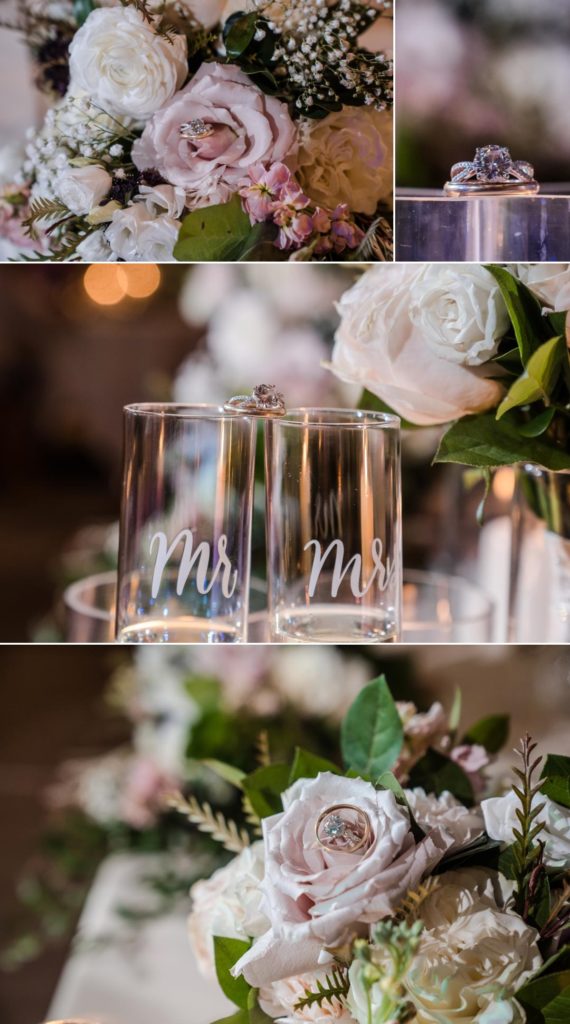 wedding details decor rings and champagne